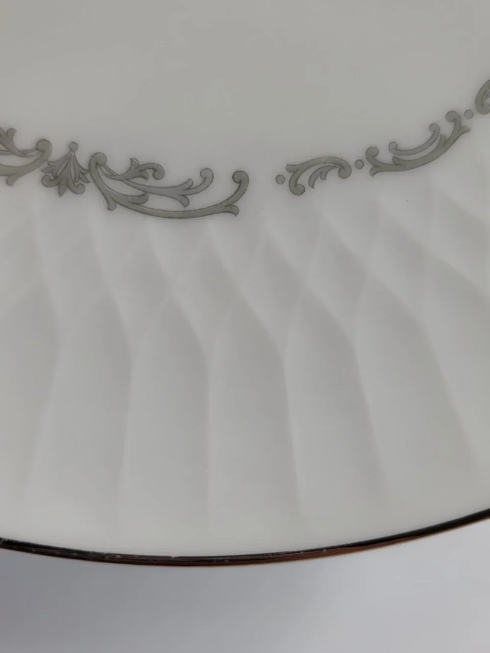 TWO Noritake 6350 Camden Dinner Plates White with Gray Scrolls 10 5/8 Inch Plate
